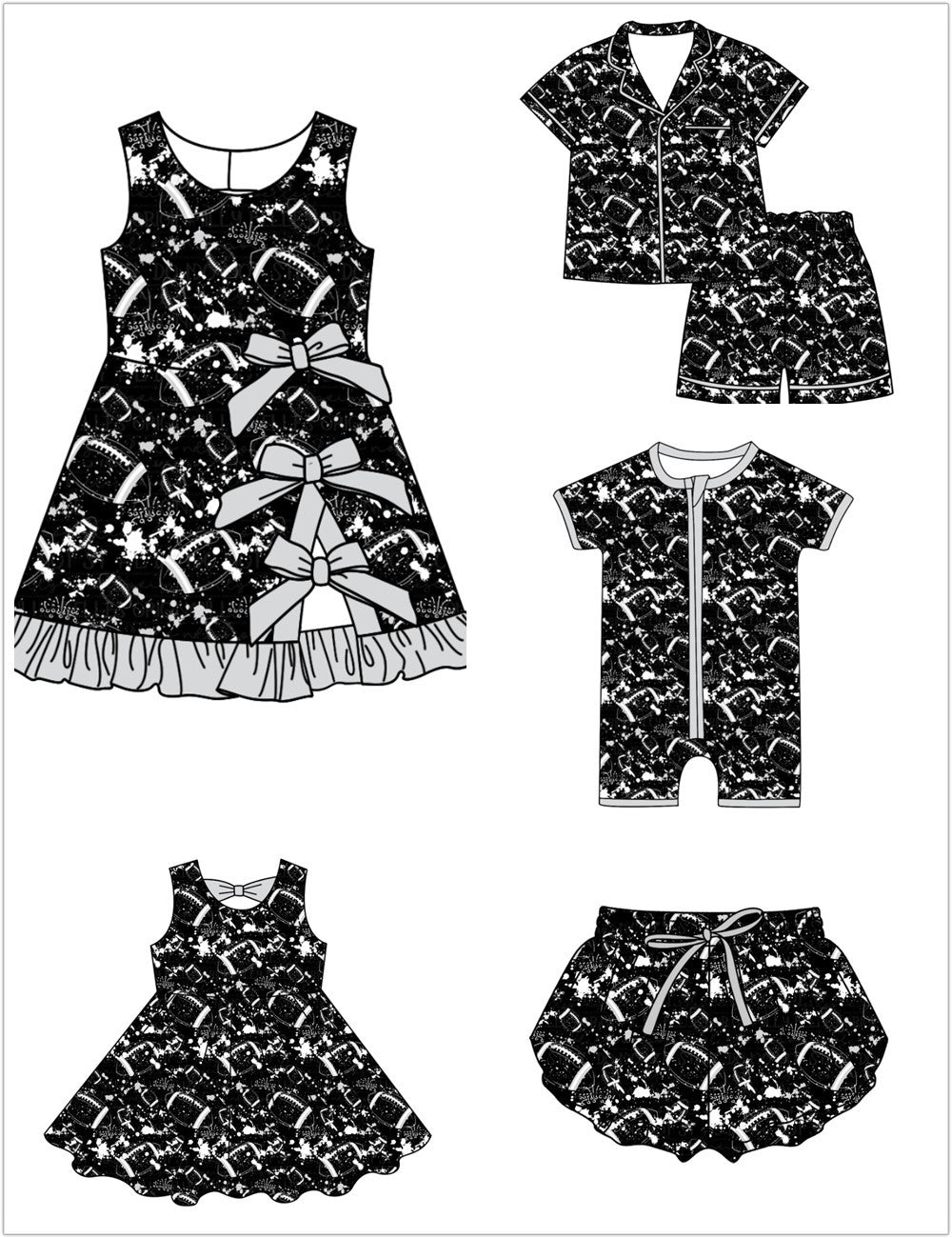 ( Moq 5 Each Style ) Baby Boys Girls Toddler Football Sibling Shorts Romper Dresses Set Black Clothing