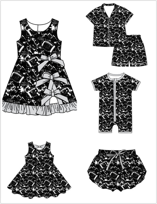 ( Moq 5 Each Style ) Baby Boys Girls Toddler Football Sibling Shorts Romper Dresses Set Black Clothing