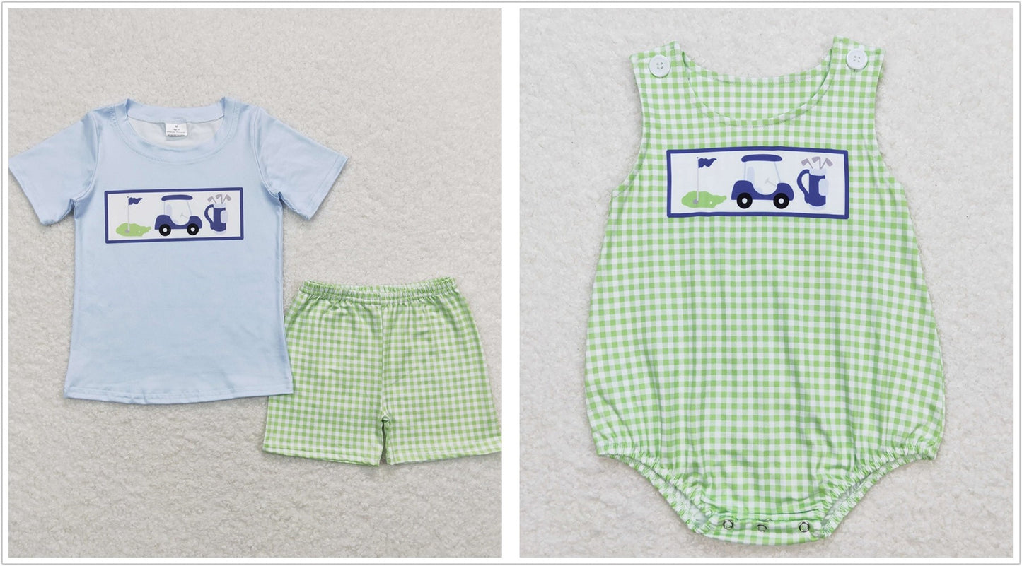 Sibling Baby Boys Kids Golf Green Plaid One Piece Romper Set RTS