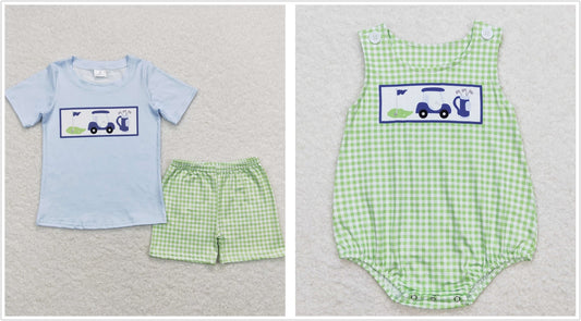 Sibling Baby Boys Kids Golf Green Plaid One Piece Romper Set RTS