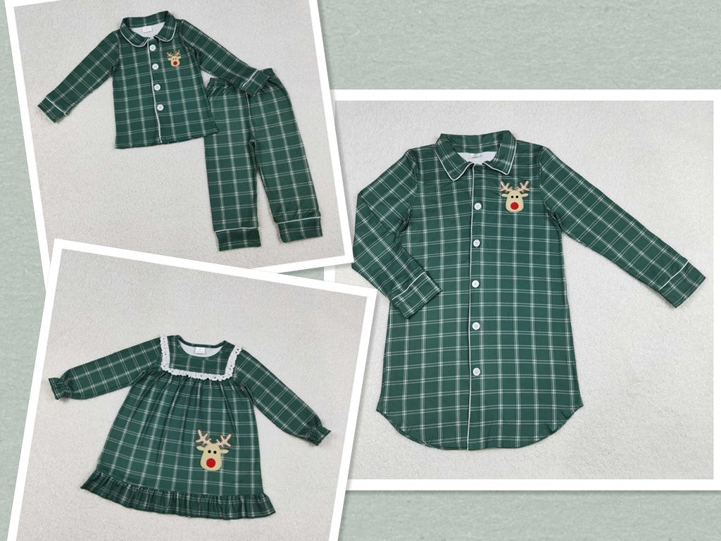 Sibling Boys Girls Adult Women Christmas Embroidery Deer Green Plaid Dress Pajamas Shirt Set RTS