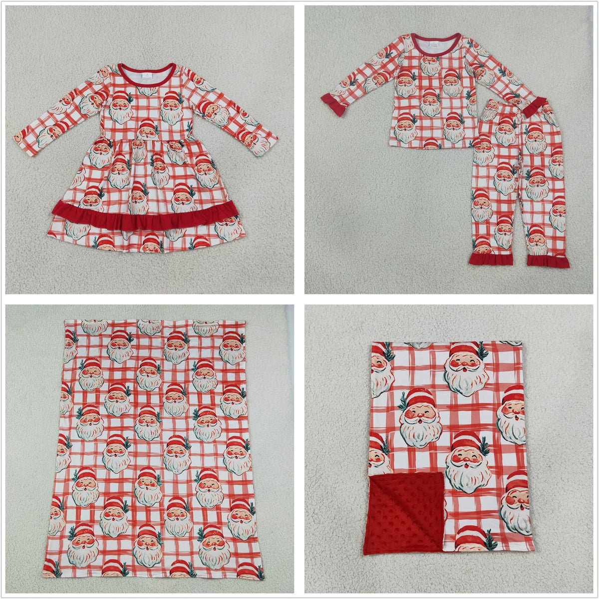 Sibling Baby Girls Kids Santa Plaid Christmas Dress Set Pajamas  Blanket Clothes RTS