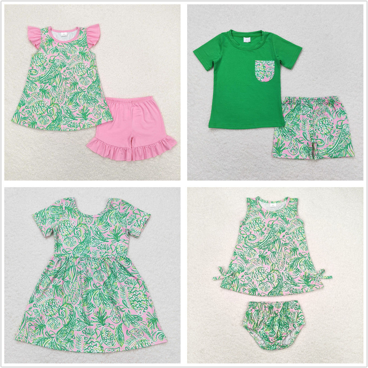 Baby Boy Girl Green Fish Sibling Summer Outfits Clothes Sets