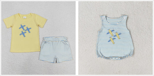 Baby Boy Embroidery Planes Sibling Romper Clothes Set