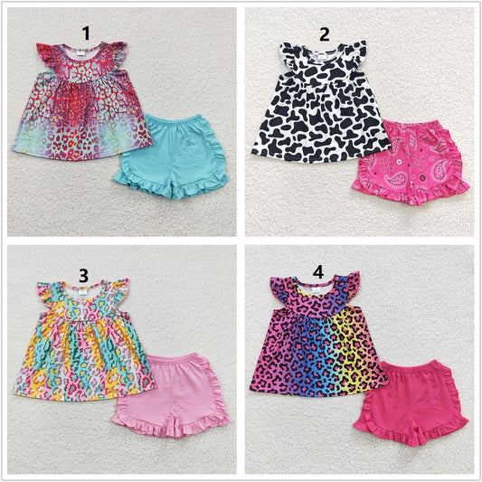 Sibling Baby Girls Kids Short Sleeves Leopard Tops Cotton Ruffle Shorts Clothes Sets RTS