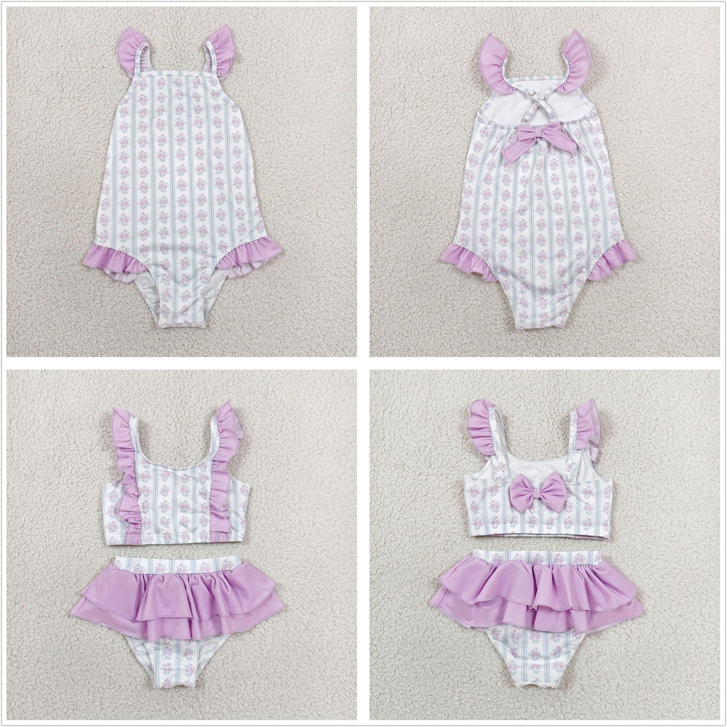 Sibling Baby Girls Kids Flower Purple Ruffle Swimsuits Summer Clothes RTS