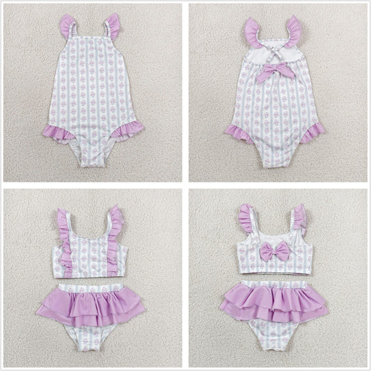 Sibling Baby Girls Kids Flower Purple Ruffle Swimsuits Summer Clothes RTS