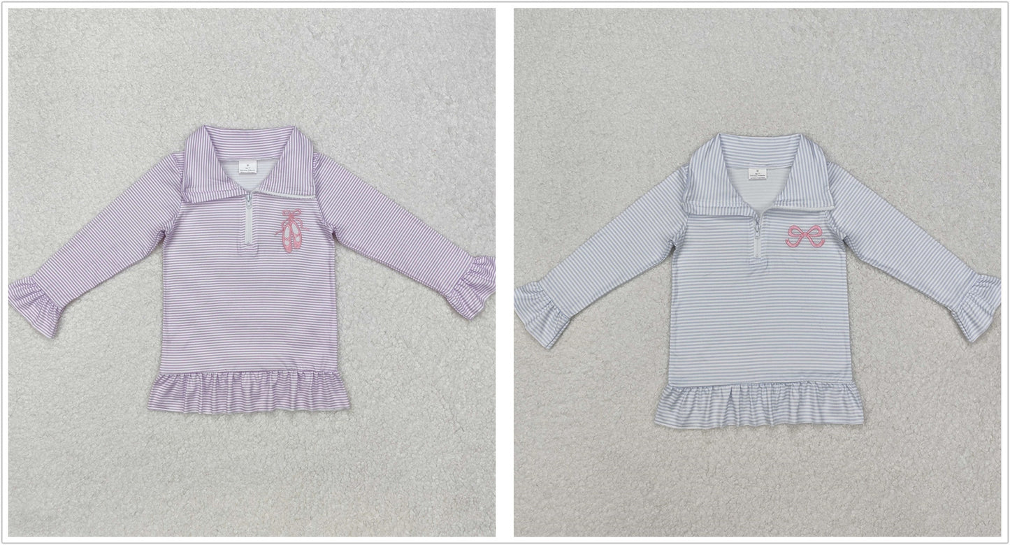 Sibling Girls Kids Long Sleeves Embroidery Bows Shoes Zipper Shirt Tops