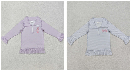 Sibling Girls Kids Long Sleeves Embroidery Bows Shoes Zipper Shirt Tops