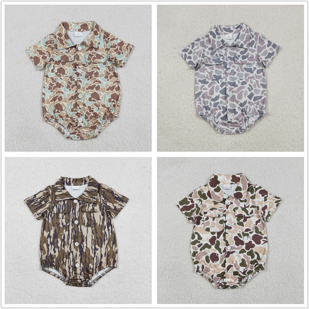 Sibling Baby Boys Infant Short Sleeves Camo Print Pockets Buttons Hunting Bubble Rompers RTS
