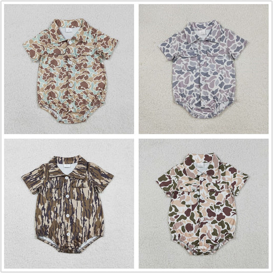 Sibling Baby Boys Infant Short Sleeves Camo Print Pockets Buttons Hunting Bubble Rompers RTS