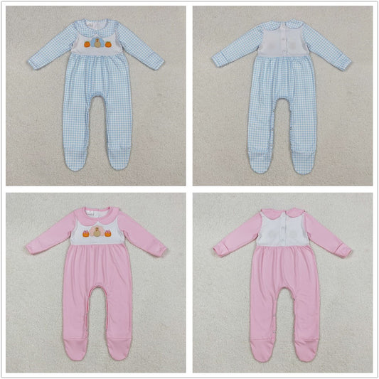 Sibling Boys Girls Infant Long Sleeves Embroidery turkey Pumpkins Thanksgiving Footies Romper RTS