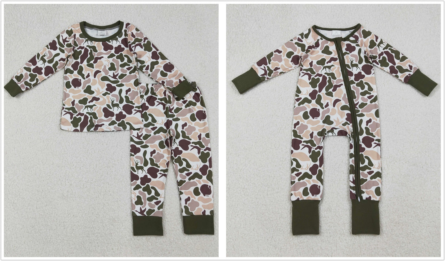Sibling Boys Kids Long Sleeves Ducks Dogs Camo Hunting Zipper Romper Pajamas Set RTS