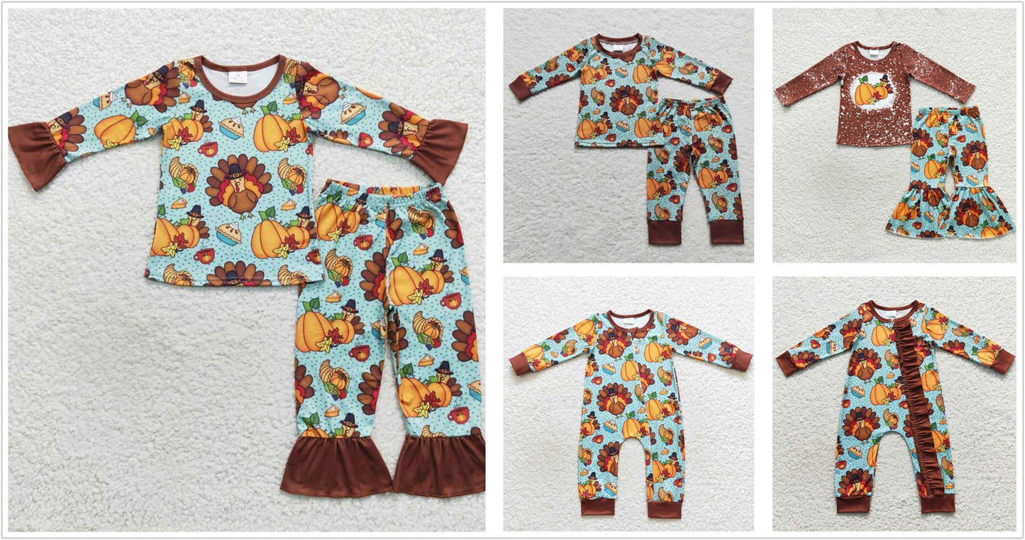 Sibling Baby Boys Girls Kids Long Sleeves Thanksgiving turkey Rompers Sets RTS