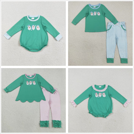 Boys Girls Kids Green Long Sleeves Embroidery Santa Sibling Christmas Romper Set Clothes RTS