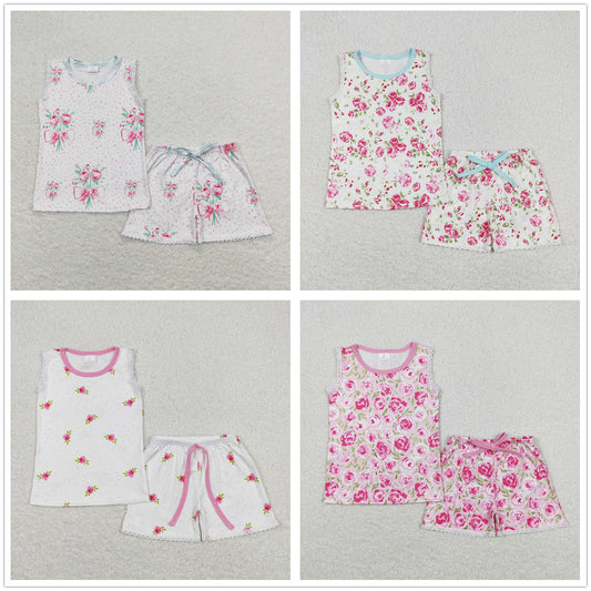 Baby Girl Sleeveless Flower Tops Shorts Sibling Sister Pajamas Set