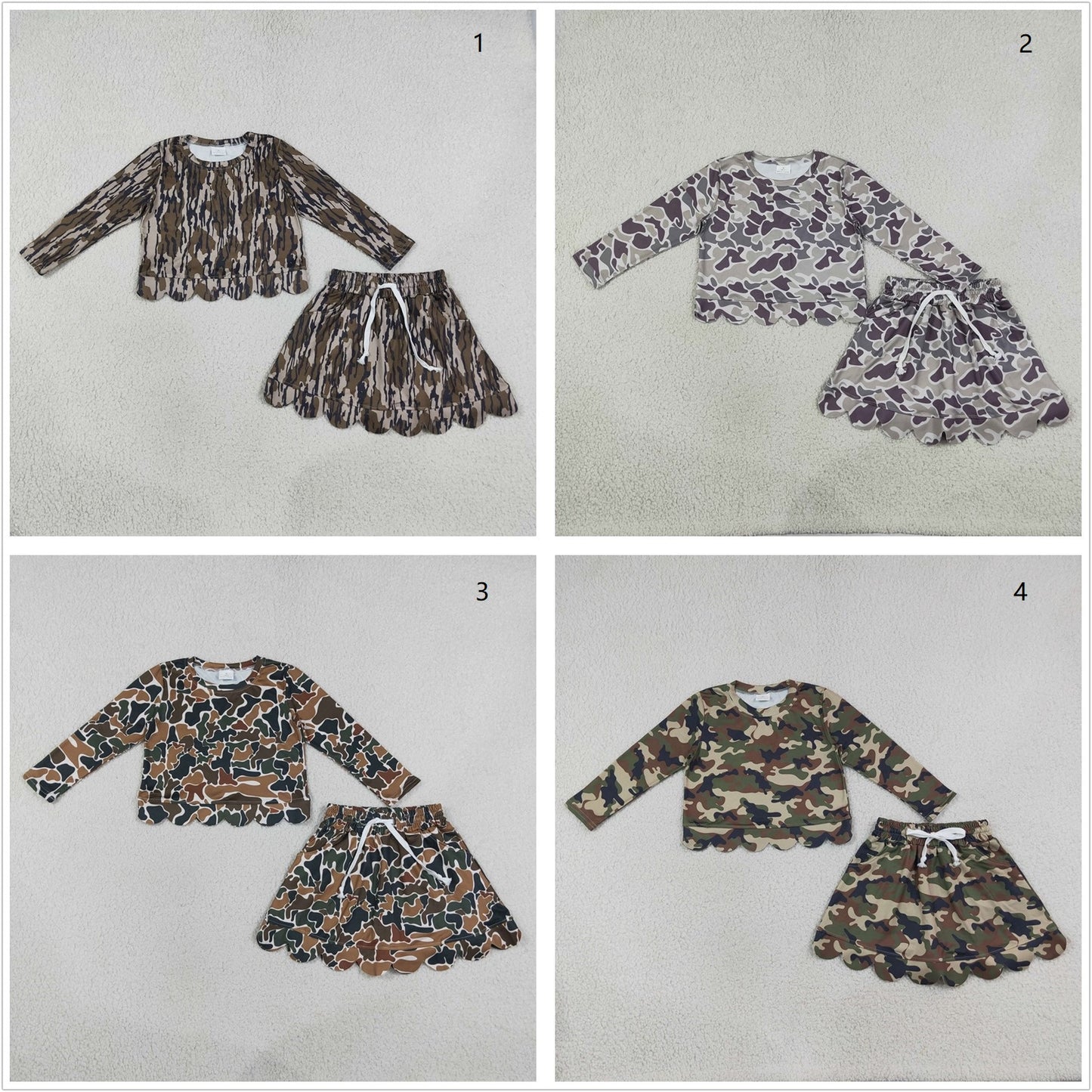 Sibling Baby Girls Kids Long Sleeves Shirts Scallop Pockets Skirts Shorts Camo Sets Clothes RTS