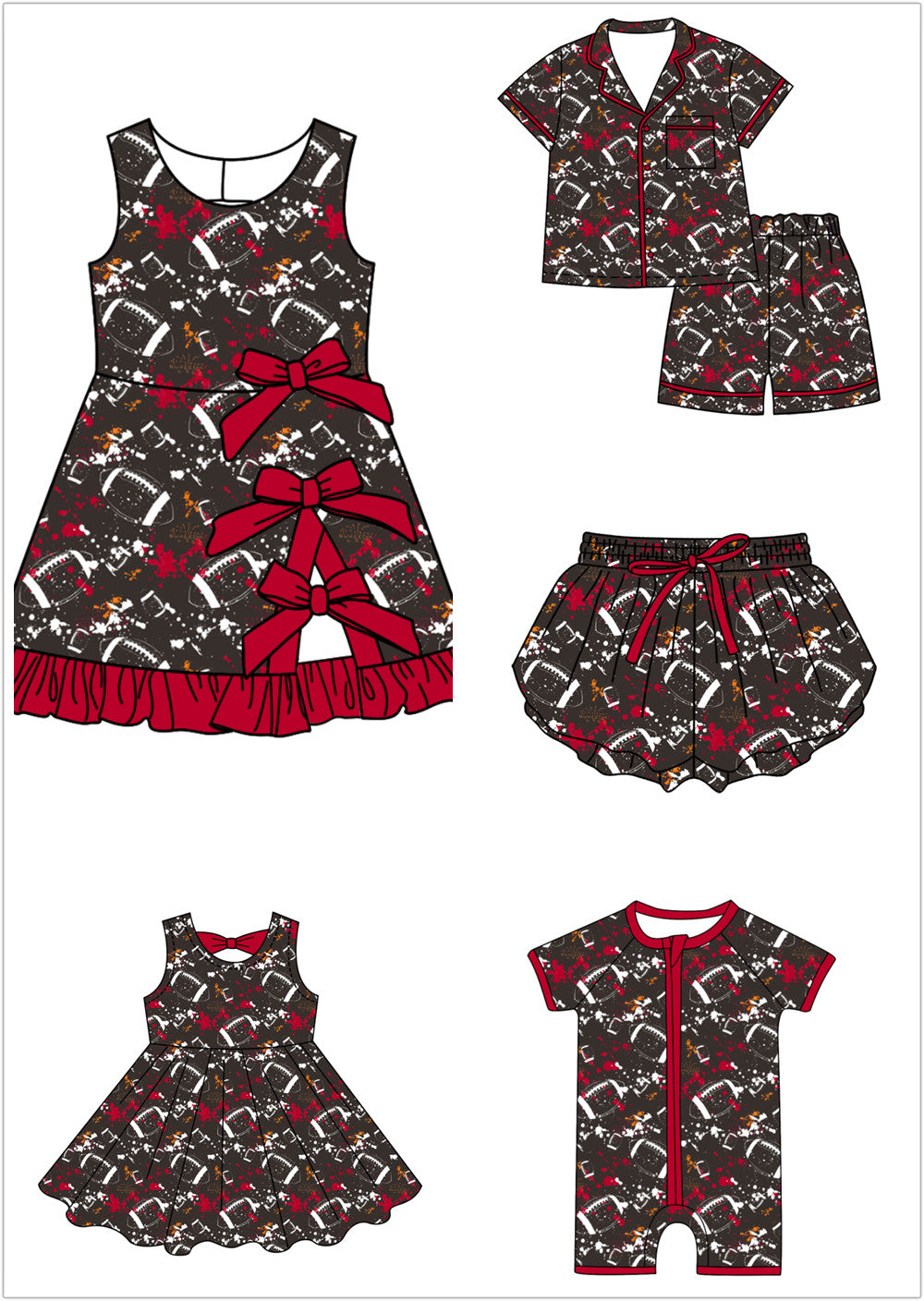 ( Moq 5 Each Style ) Baby Boys Girls Toddler Football Sibling Shorts Romper Red Bows Dresses Set Team Clothing