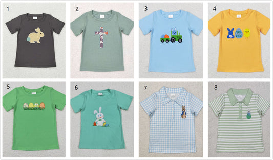 Sibling Boys Kids Short Sleeves Embroidery Rabbits Cross Eggs Easter Shirt Tops