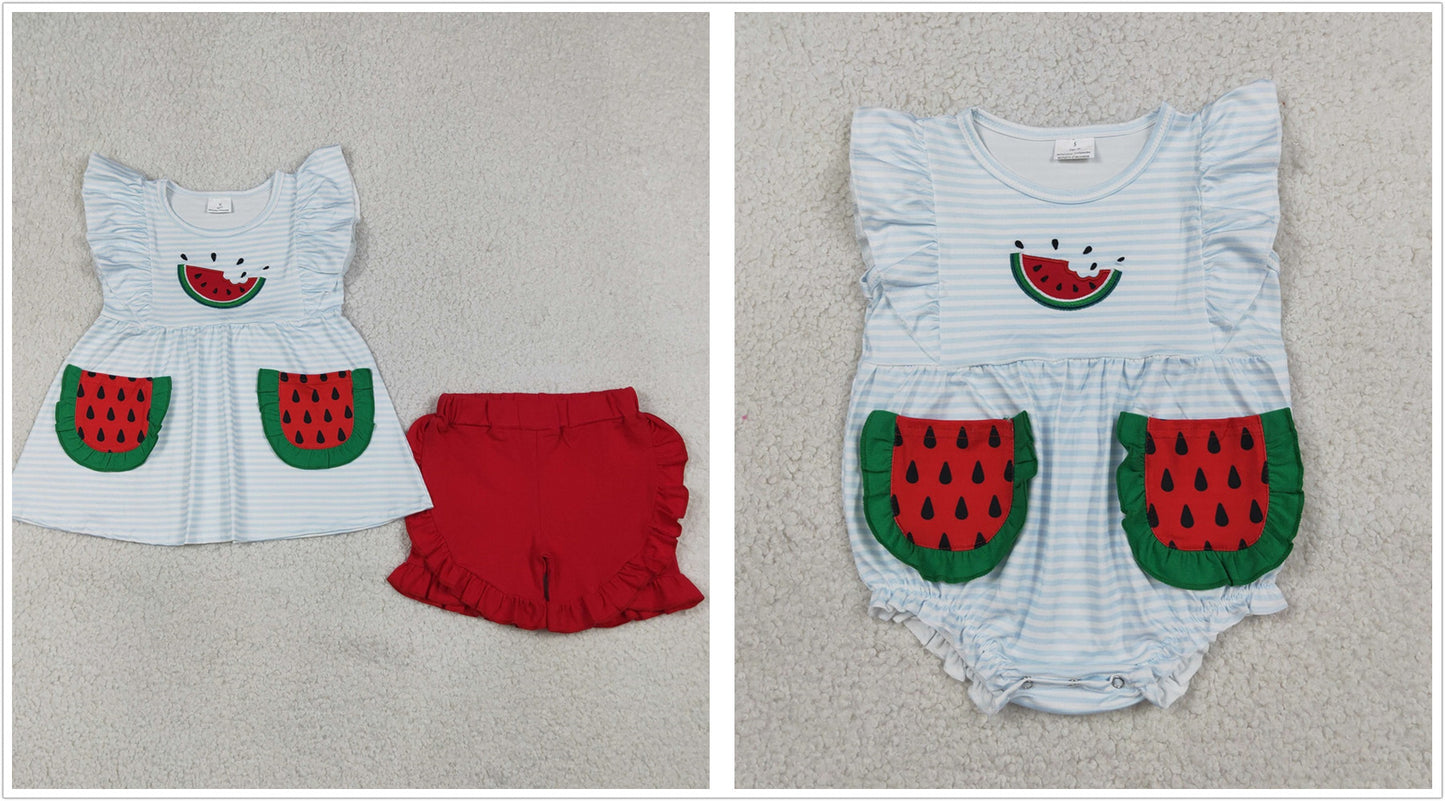 Sibling Baby Girls Kids Embroidery Watermelon Pockets Romper Set Summer Clothes RTS