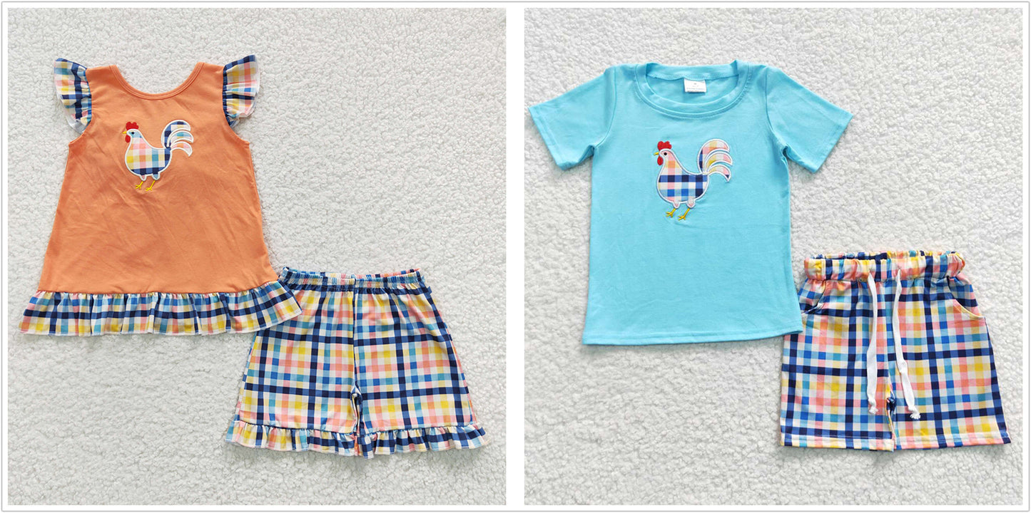 Baby Boy Girl Embroidery Chicken Summer Sibling Outfit Shorts Set