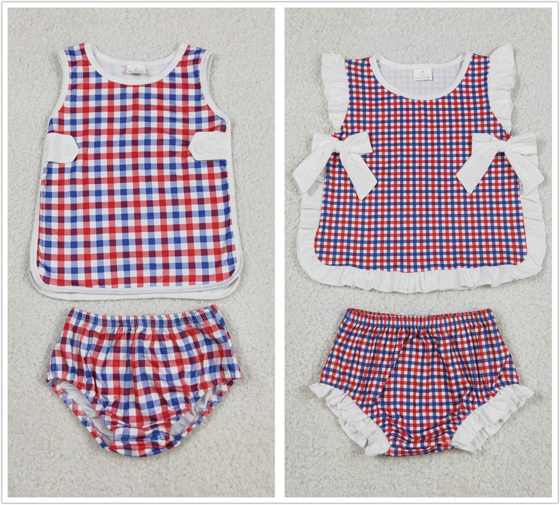 Sibling Baby Boys Girls Kids Plaid Tops Bummie Shorts Sets 4th of July Clothes RTS