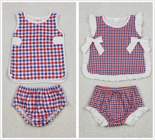 Sibling Baby Boys Girls Kids Plaid Tops Bummie Shorts Sets 4th of July Clothes RTS