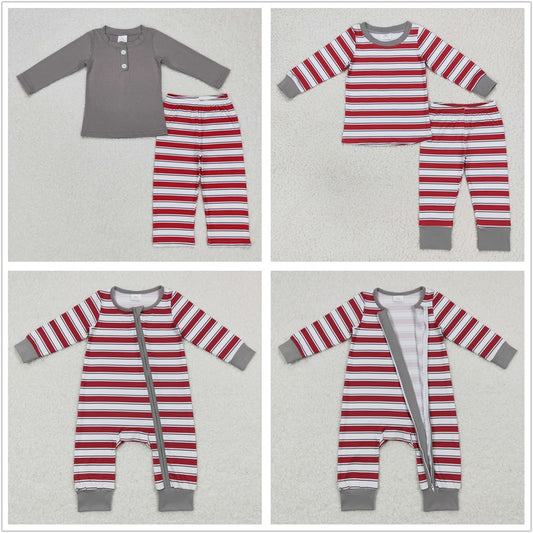 Sibling Boys Girls Kids Long Sleeves Grey Red Stripes Christmas Zipper Romper Outfit Pajamas RTSs