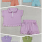 Sibling Baby Girls Kids Short Sleeves Zipper Shirts Scallop Shorts Cotton Sets Clothes RTS