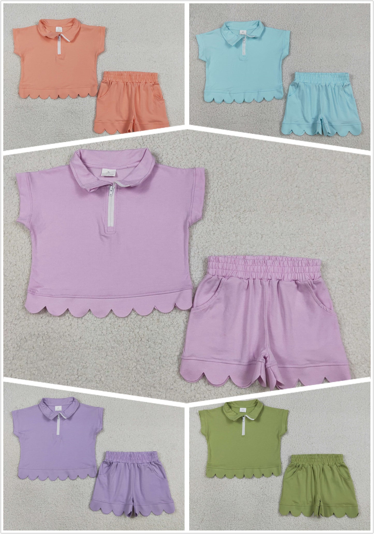 Sibling Baby Girls Kids Short Sleeves Zipper Shirts Scallop Shorts Cotton Sets Clothes RTS