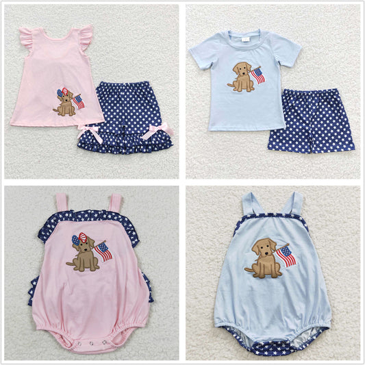 Baby Boy Girl 4th Of July Embroidery Dogs Sibling Summer Shorts Sets