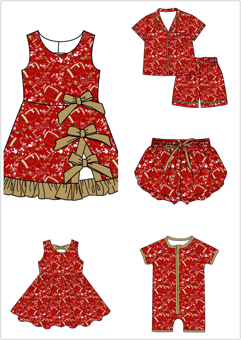 ( Moq 5 Each Style ) Baby Boys Girls Kids Football Sibling Shorts Romper Bows Dresses Set Team Red Clothes