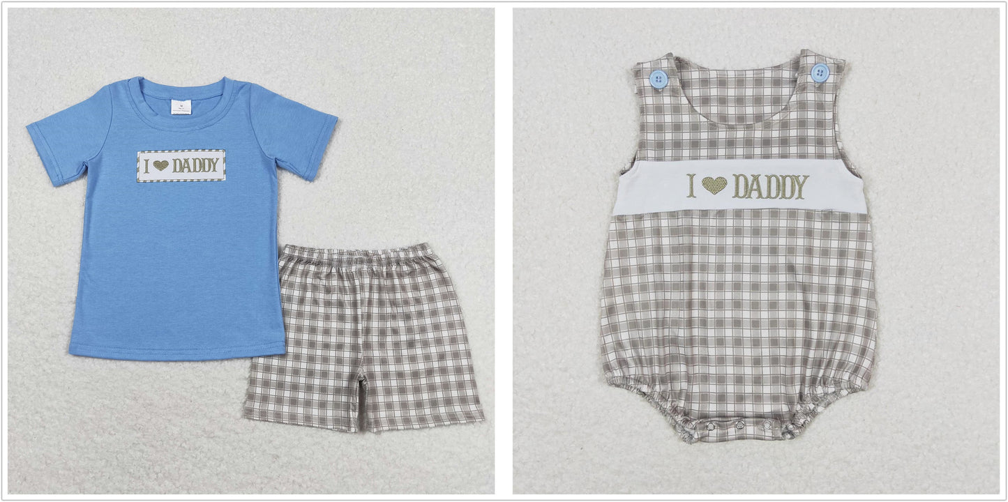 Baby Boy Embroidery I Love Daddy Sibling Brother Plaid Romper Clothes Set