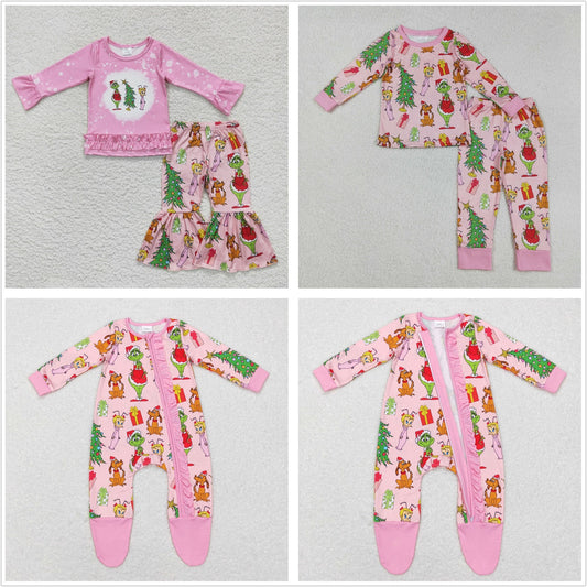 Kids Girls Long Sleeves Green Face Christmas Sibling Pajamas Footie Romper Set Pink Clothes RTS
