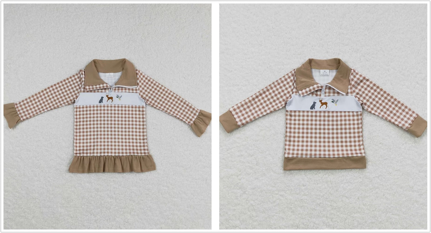 Sibling Boys Girls Long Sleeves Embroidery Dogs Ducks Deer Plaid Zipper Pullovers Tops
