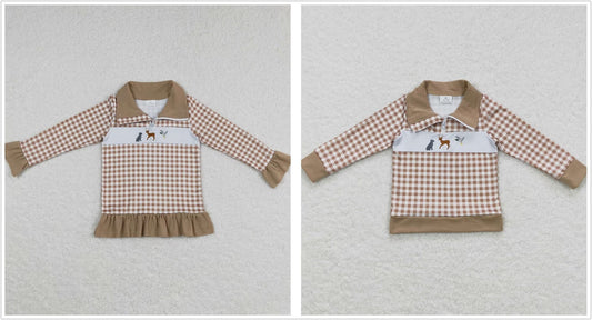 Sibling Boys Girls Long Sleeves Embroidery Dogs Ducks Deer Plaid Zipper Pullovers Tops