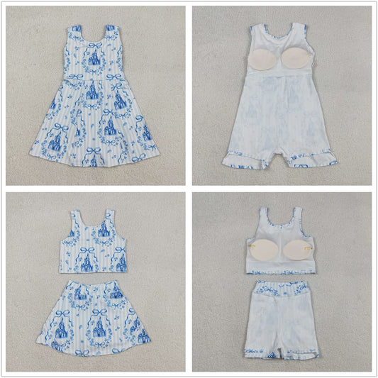 Baby Girls Kids Sleeveless Castles Blue Bows Flower Sibling Yoga Active Skort Dress Set RTS