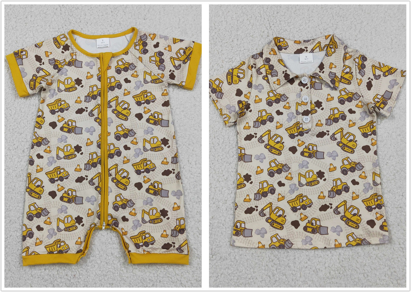 Sibling Baby Boys Kids Short Sleeves Excavator Buttons Shirt Zipper Romper Summer Clothes RTS