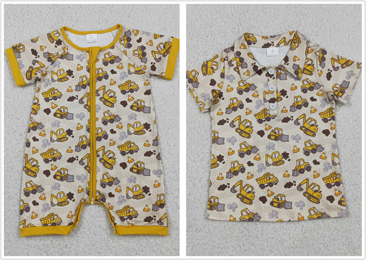Sibling Baby Boys Kids Short Sleeves Excavator Buttons Shirt Zipper Romper Summer Clothes RTS