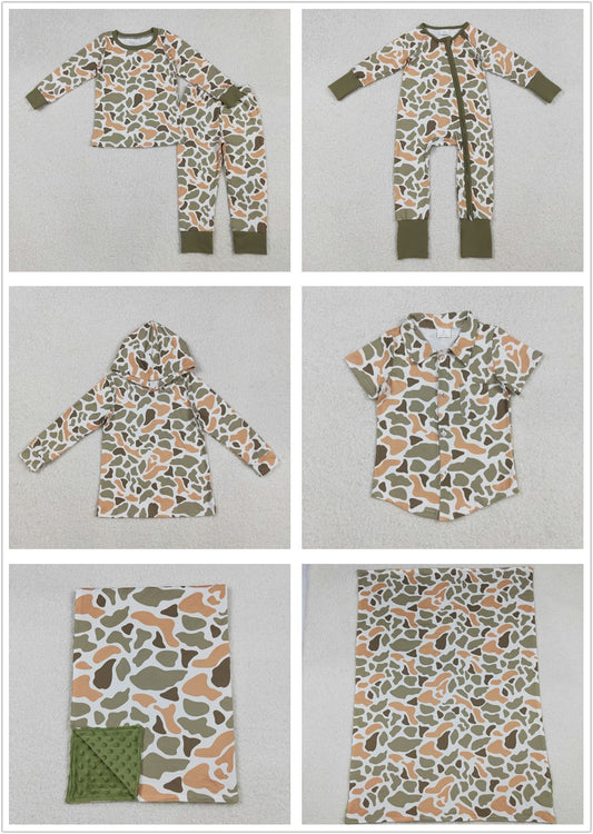 Sibling Boys Kids Green Orange Camo Shirt Pajamas Set Hunting Blanket Clothes RTS