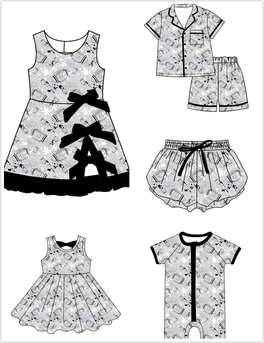 ( Moq 5 Each Style ) Baby Boys Girls Kids Football Sibling Shorts Romper Bows Dresses Set Team Grey Clothes