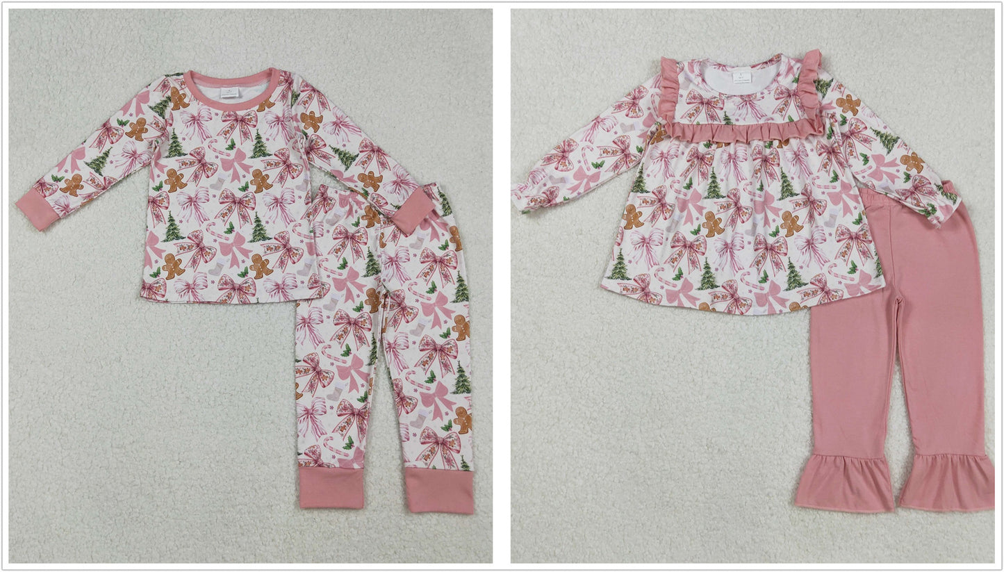 Sibling Baby Girl Long Sleeves Christmas Bows Trees Gingerbread Shirt Pants Set RTS