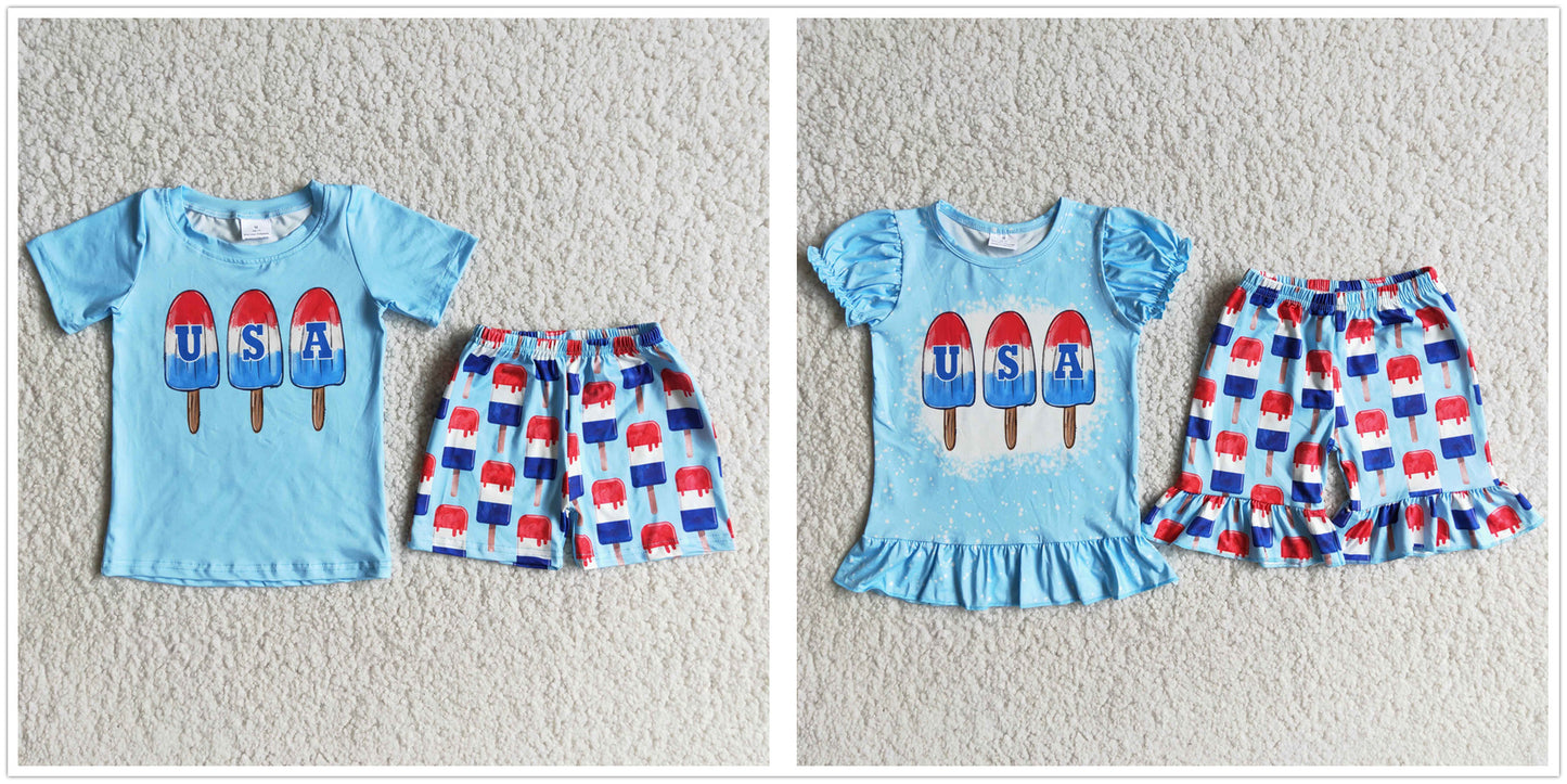 July 4th Baby Girl Boy USA Sibling Popsicles Shorts Clothes Set