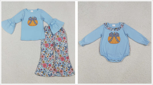 Sibling Girls Kids Blue Long Sleeves Embroidery Bow Pumpkin Flower Fall Romper Set RTS