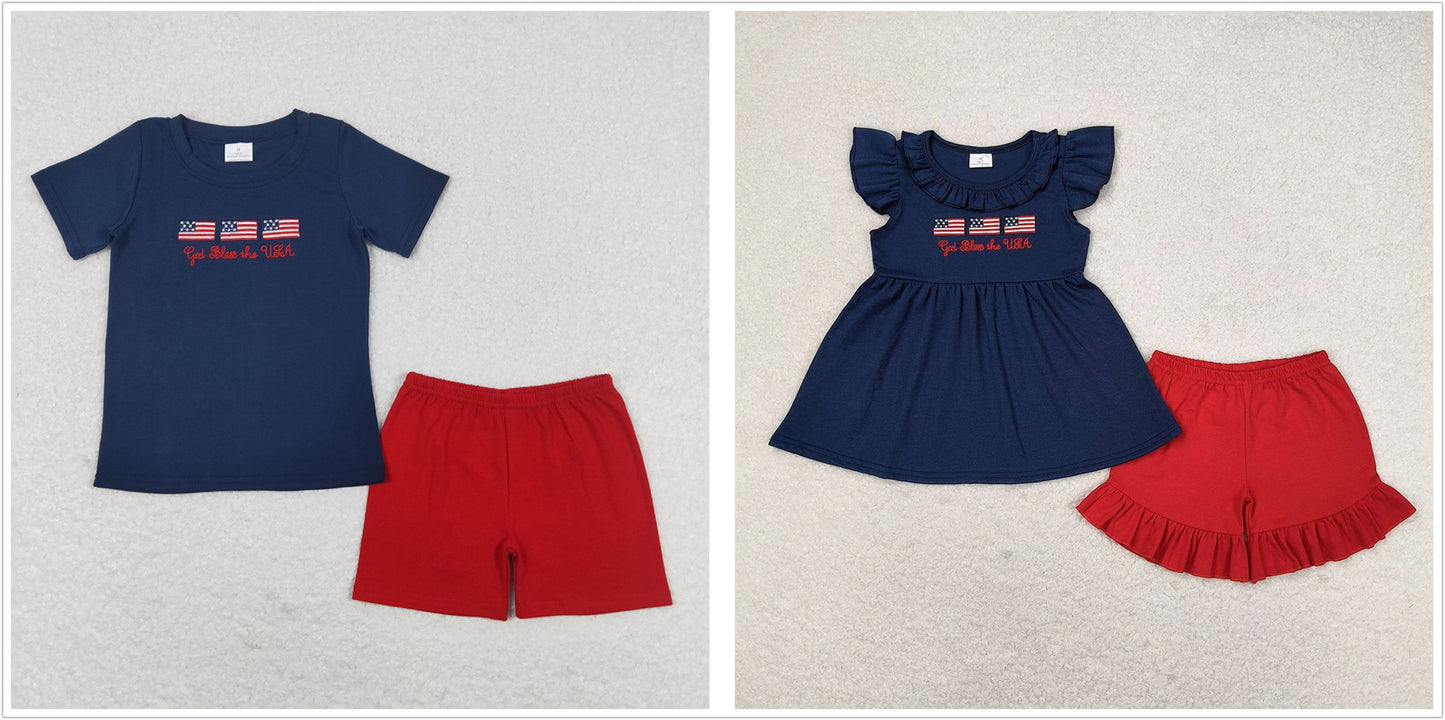 Baby Boy Girl July 4th Embroidery Flags Sibling Summer Shorts Clothes Set