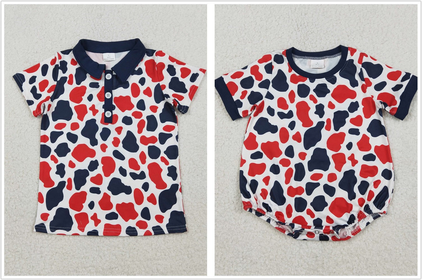Sibling Baby Boys Short Sleeves Red Blue Camo 4th of July Romper Buttons Tee Tops RTS
