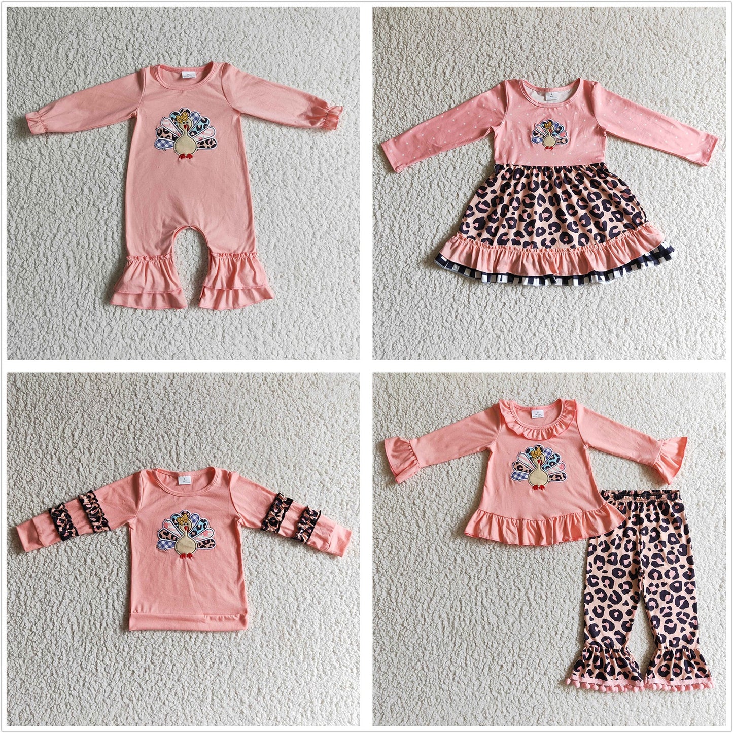 Sibling Girls Kids Long Sleeves Embroidery turkey Shirt Romper Dress Set Fall Clothes RTS