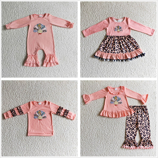 Sibling Girls Kids Long Sleeves Embroidery turkey Shirt Romper Dress Set Fall Clothes RTS