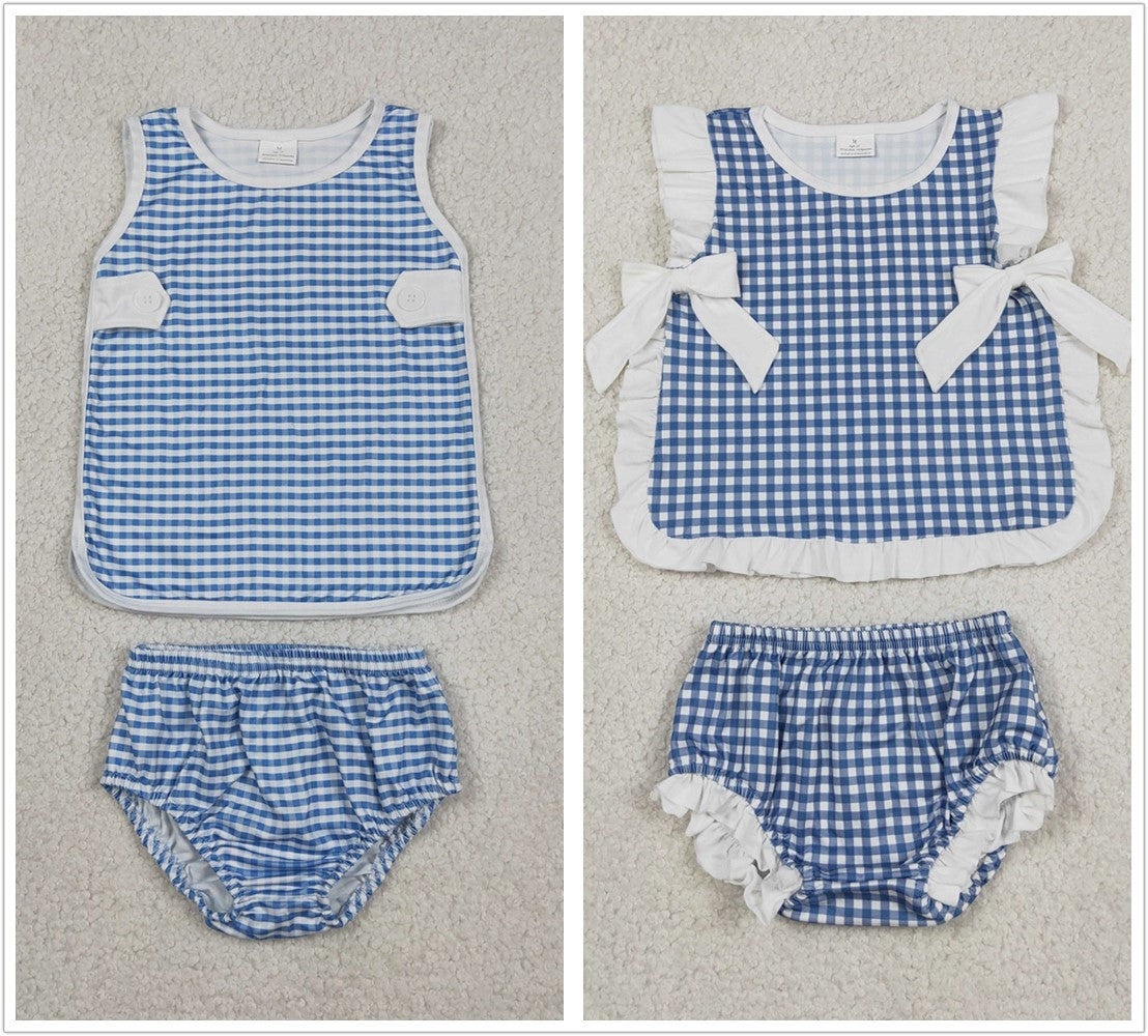 Sibling Baby Boys Girls Kids Blue Plaid Tops Bummie Shorts Sets Summer Clothes RTS