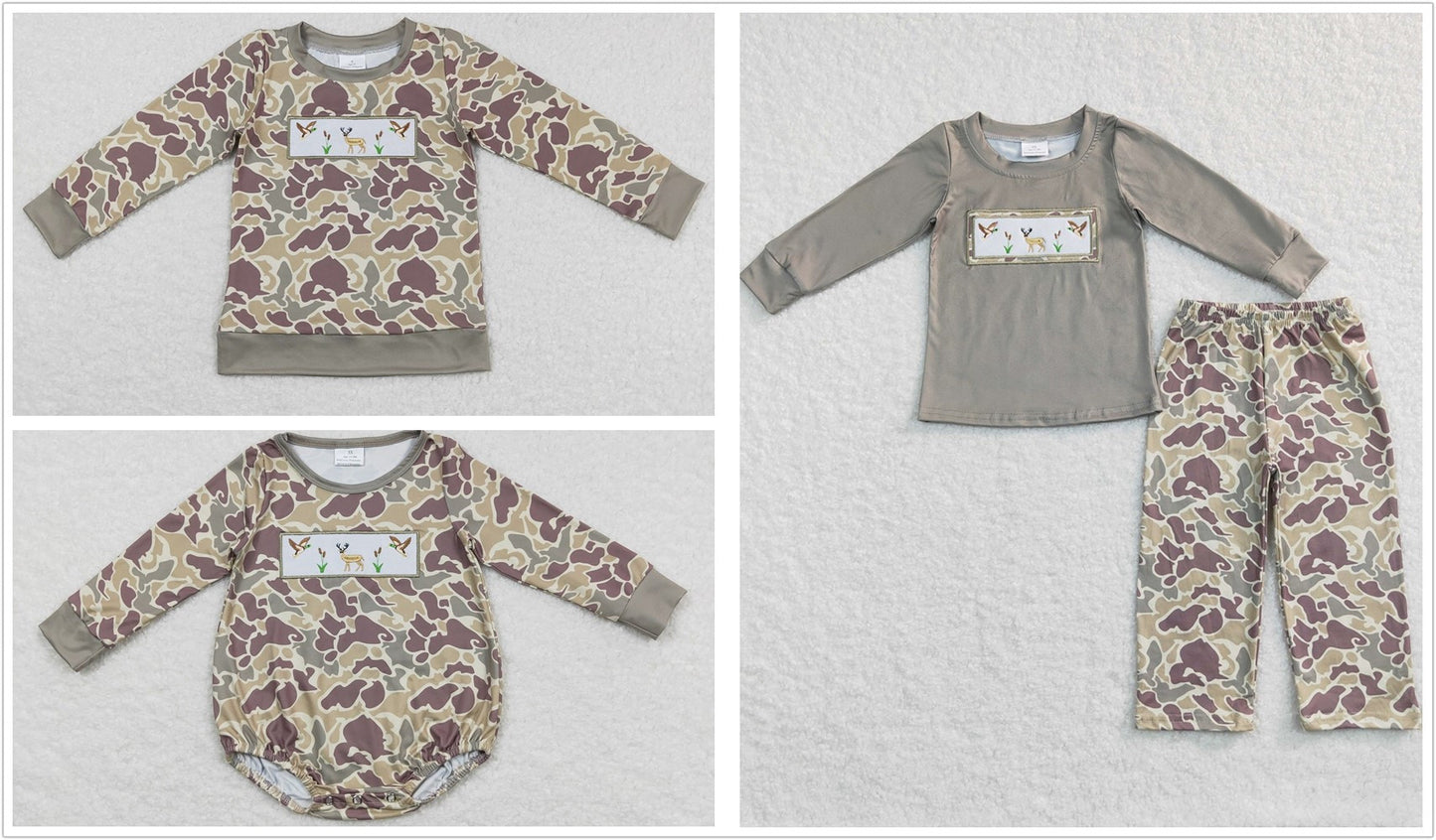 Sibling Baby Boy Long Sleeves Embroidery Ducks Deer Camo Hunting Romper Shirt Outfit RTS